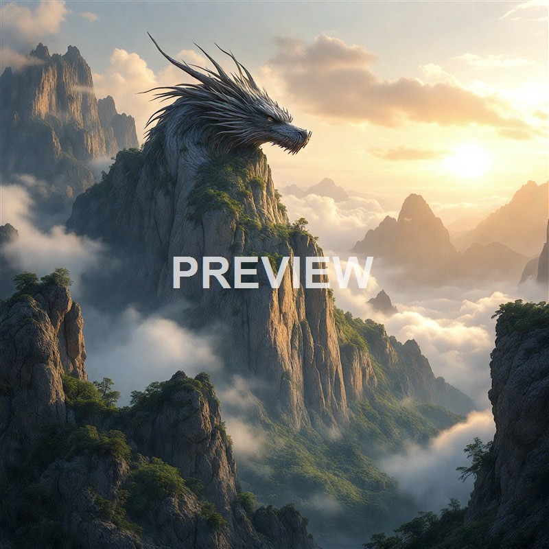 A majestic mountain landscape features a colossal, dragon-like creature with a fierce expression, blending seamlessly into the rocky cliffs surrounded by clouds and mist, illuminated by a setting or rising sun.